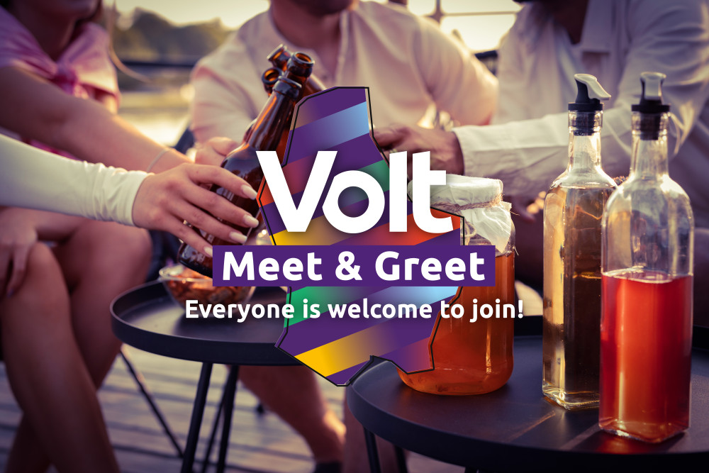 In the background people are sitting together, drinking from what appears to be beer bottles. In front the Volt logo can be seen with additional text stating 