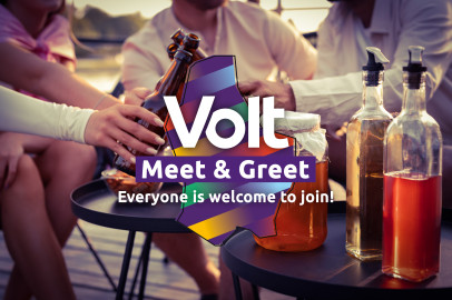 In the background people are sitting together, drinking from what appears to be beer bottles. In front the Volt logo can be seen with additional text stating 