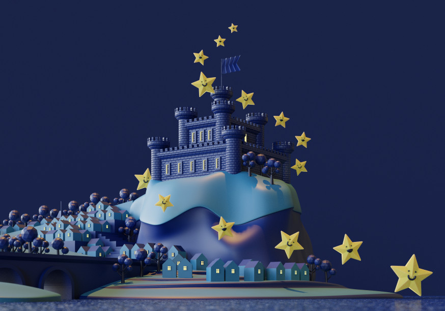 Blue castle on a hill with stars floating around