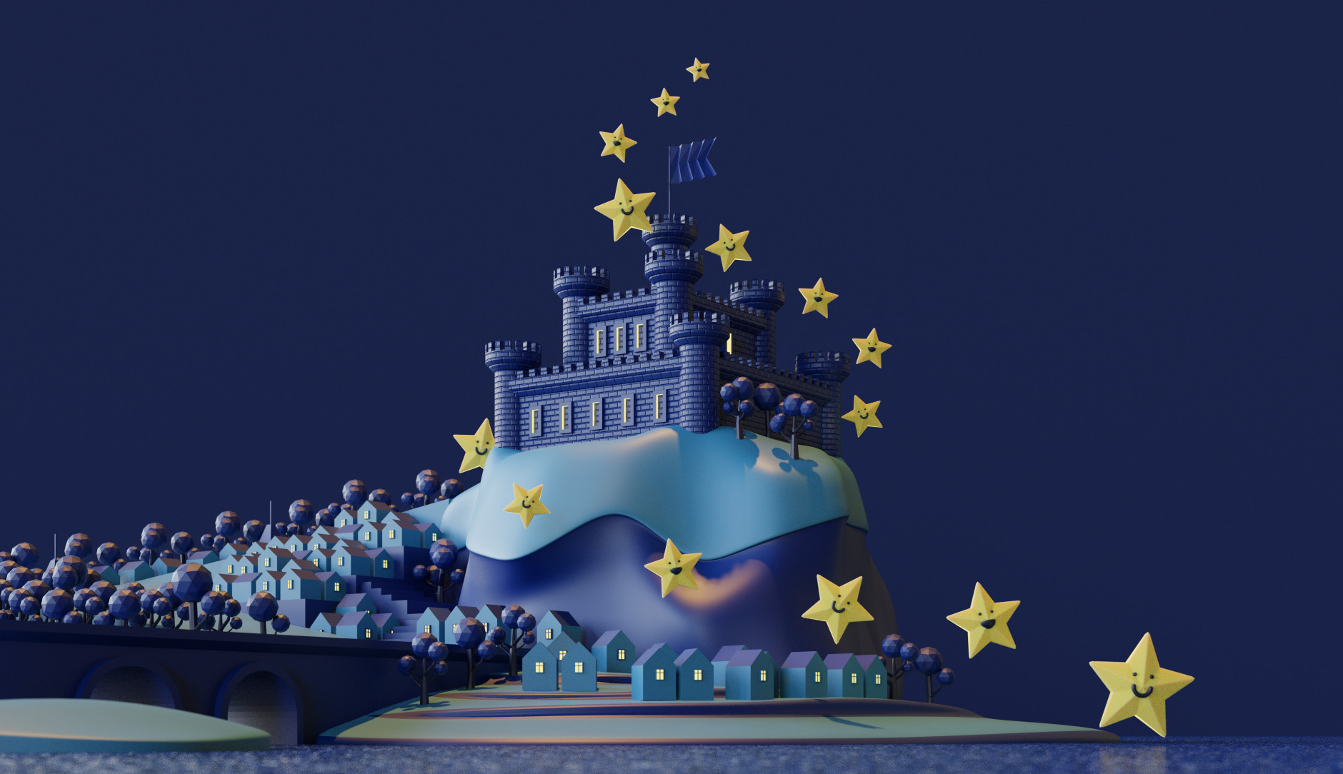 Blue castle on a hill with stars floating around
