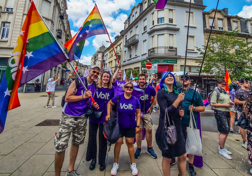 Volters wearing purple and waving rainbow flags at the Equality March 2025